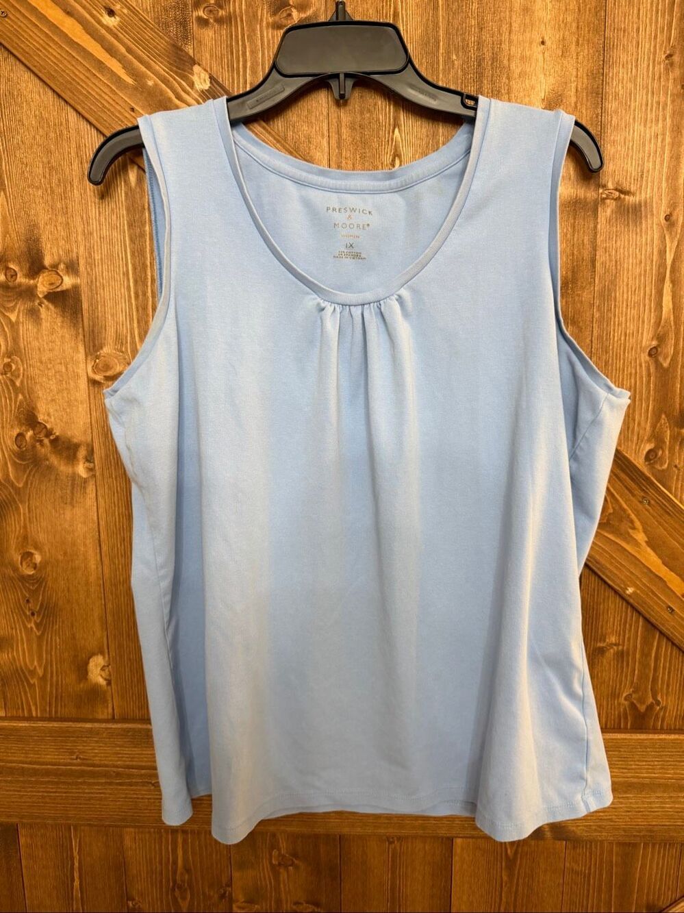 Preswick & Moore Women’s 1X Blue Sleeveless Cotton Tank Top Pleated Scoop Neck (
